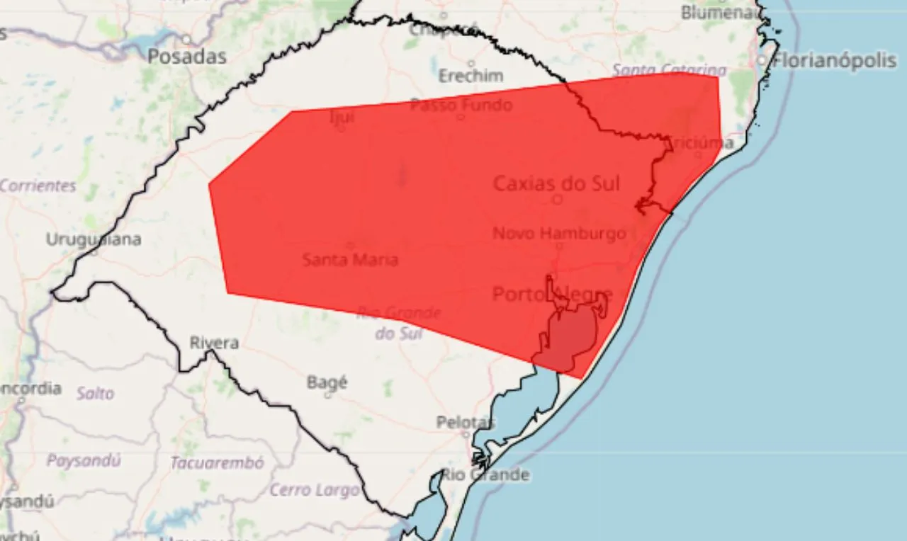 o mapa mostra &agrave;s &aacute;reas em alerta vermelho para ac&uacute;mulos de chuva intensa
